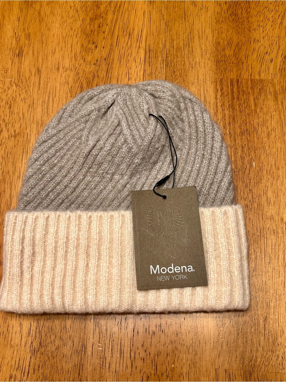 Modena New York Gray and Cream Ribbed Knit Cuff Beanie